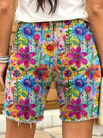 Retro ethnic style watercolor floral art print women's casual denim shorts
