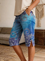 Women's Vintage Ethnic Blue Floral Art Print Casual Denim Shorts