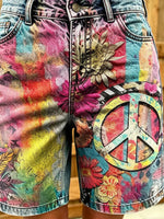 Women's Hippie Peace Sign Floral Print Cotton Denim Shorts