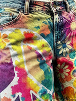 Women's Rainbow Tie-Dye Peace and Daisy Print Cotton Denim Shorts