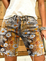 Women's Retro Floral Art Print Casual Washed Cotton Denim Shorts