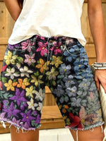 Women's Vintage Distressed Floral Print Frayed Denim Bermuda Shorts