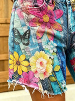 Women's Peace Symbol and Floral Patchwork Print Frayed Denim Shorts