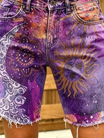 Women's Sun & Moon Celestial Print Frayed Hem Denim Shorts