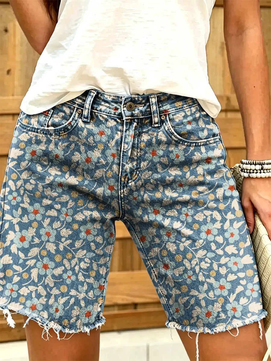 Ethnicity Bohemia Flowers Geometry Women's Art Print Casual Denim Shorts