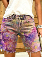Women's Retro Colorful Floral Art Print Casual Washed Cotton Denim Shorts