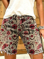Women's Retro Ethnic Floral Art Print Casual Washed Cotton Denim Shorts