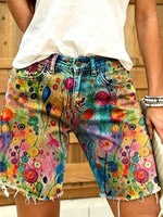 Ethnicity Colorful Watercolor Flowers Women's Art Print Casual Denim Shorts