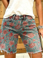 Women's Retro Oil Painting Floral Print Casual Washed Cotton Shorts