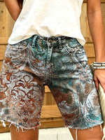 Women's Retro Bohemian Ethnic Style Art Print Casual Washed Cotton Shorts