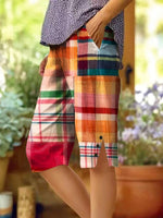 Women's Colorful Classic Plaid Art Print Casual Cotton and Linen Pants