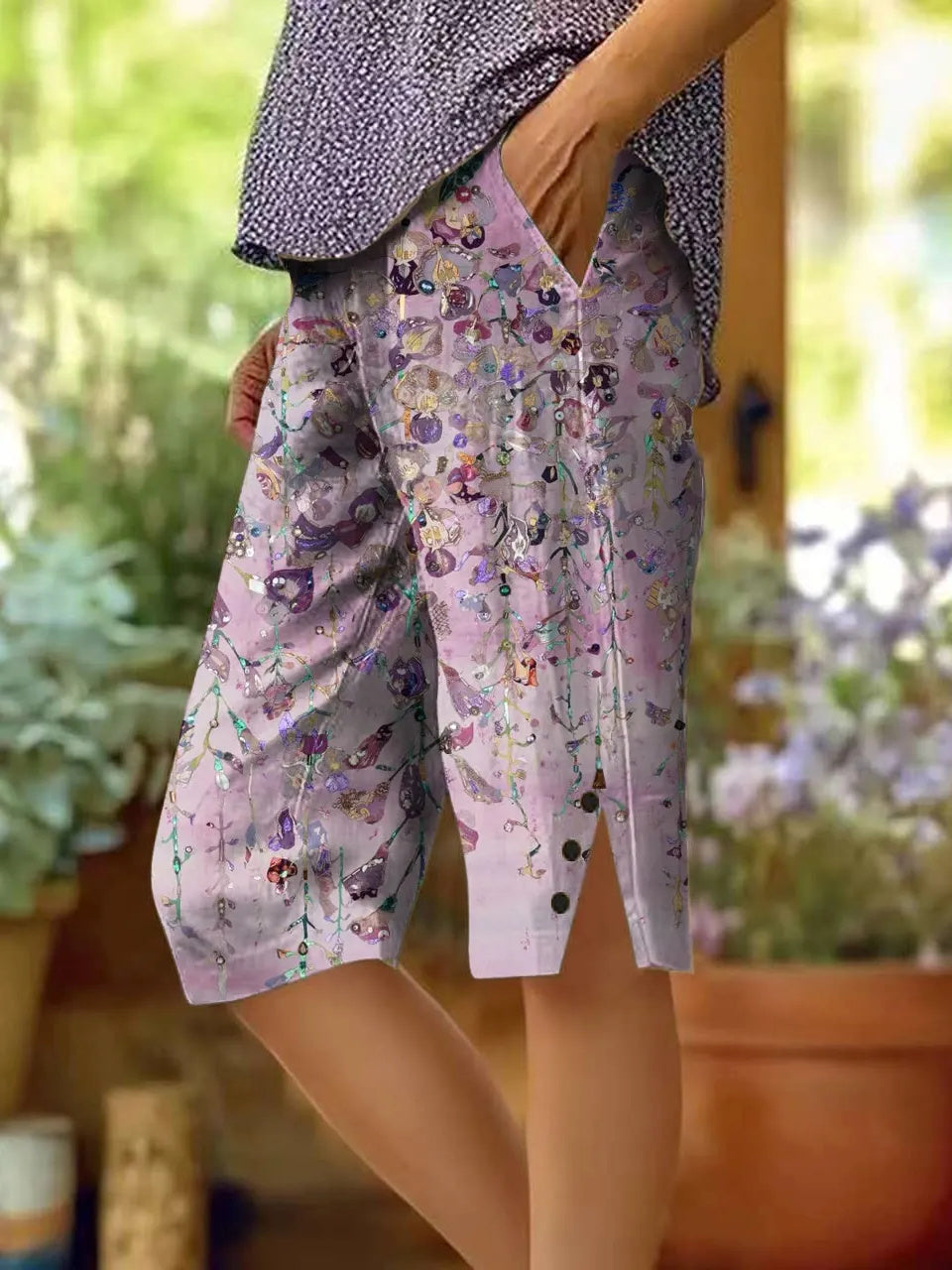 Women's Floral Pattern Art Print Cotton Linen Casual Pants