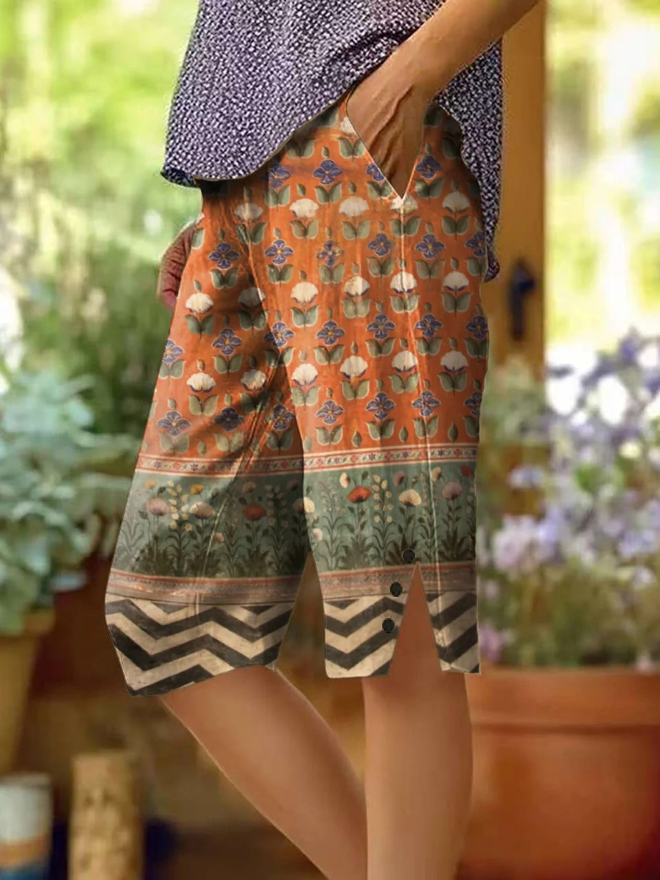 Women's Retro Floral Patchwork Art Print Cotton Linen Casual Pants