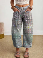 Women's Vintage-style Textured Floral Art Print Casual Cotton Trousers With Pockets.