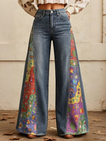 Women's Bohemian Floral Print Side Panel Wide Leg Jeans