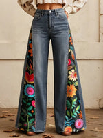 Women's Bohemian Floral Print Side Panel Wide Leg Jeans