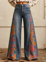 Women's Tropical Leaf Print Side Panel Wide Leg Jeans