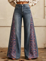 Women's Ethnic Persian Rug Print Side Panel Wide Leg Jeans
