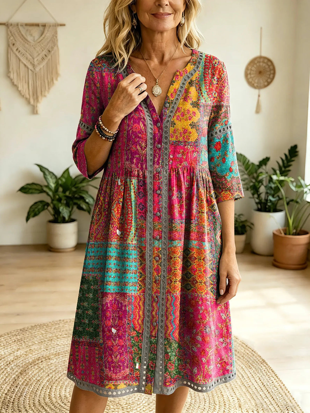 Women's Bohemian Ethnic Patchwork Floral Art Print Casual Cutout Dress