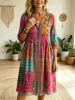 Women's Bohemian Ethnic Patchwork Floral Art Print Casual Cutout Dress