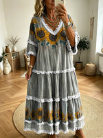 Women's Bohemian-Style Casual V-Neck Dress with Sunflower Art Print and Tassel Splicing