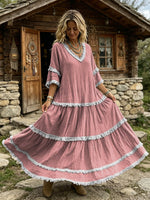 Women's Casual Three-quarter Sleeve V-neck Frayed Edge Dress