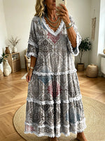 Women's Bohemian-style Casual V-neck Dress With Artistic Totem Print And Tassel Splicing