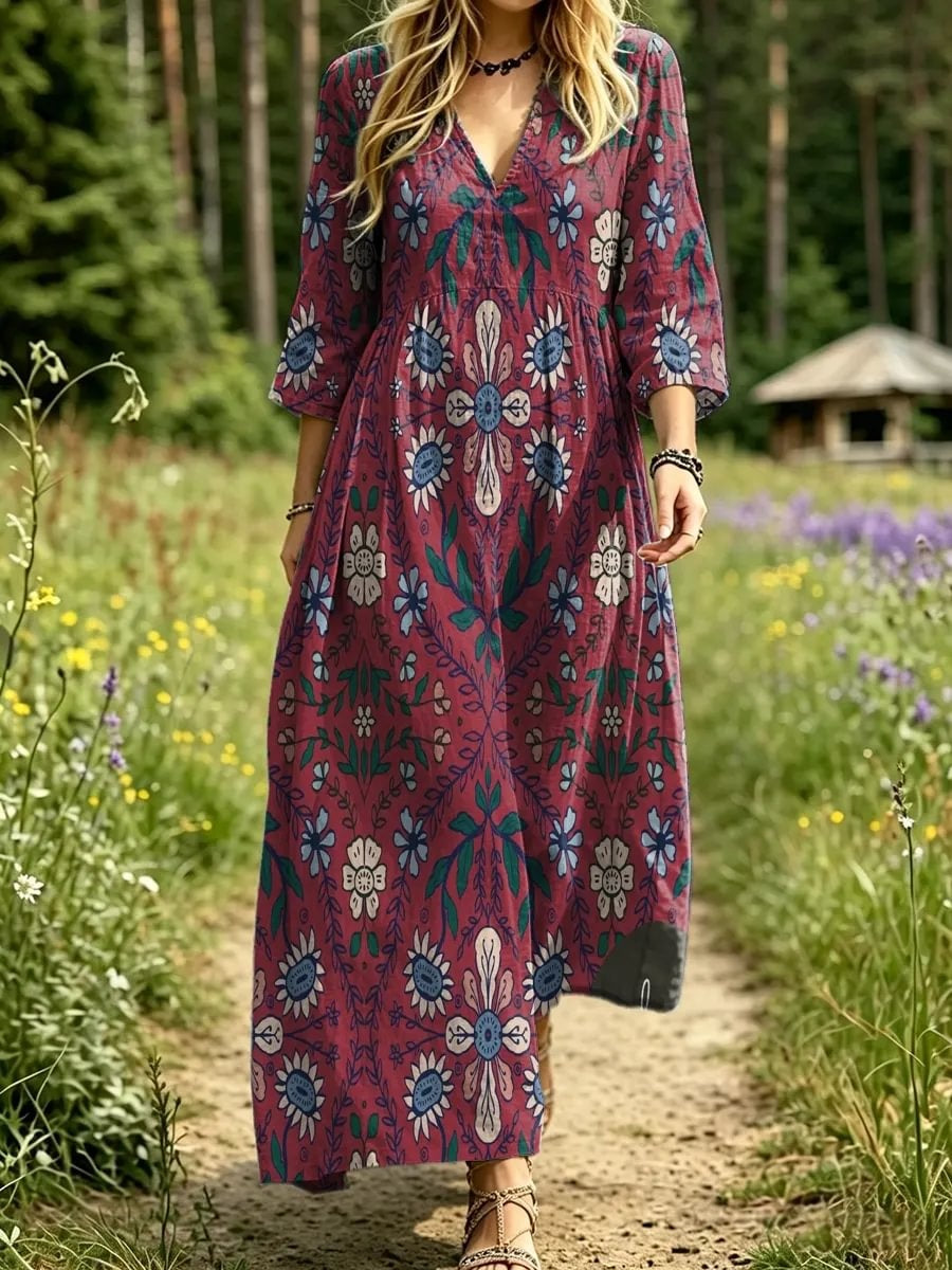 Women's Boho Floral Mirror Print Maxi Dress