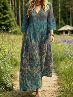 Women's Teal Damask Print V-Neck Maxi Dress
