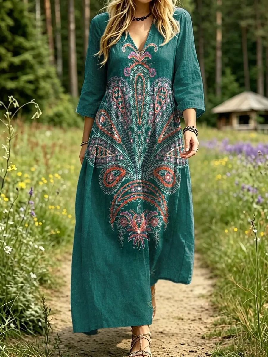 Women's Paisley Print V-Neck Maxi Dress