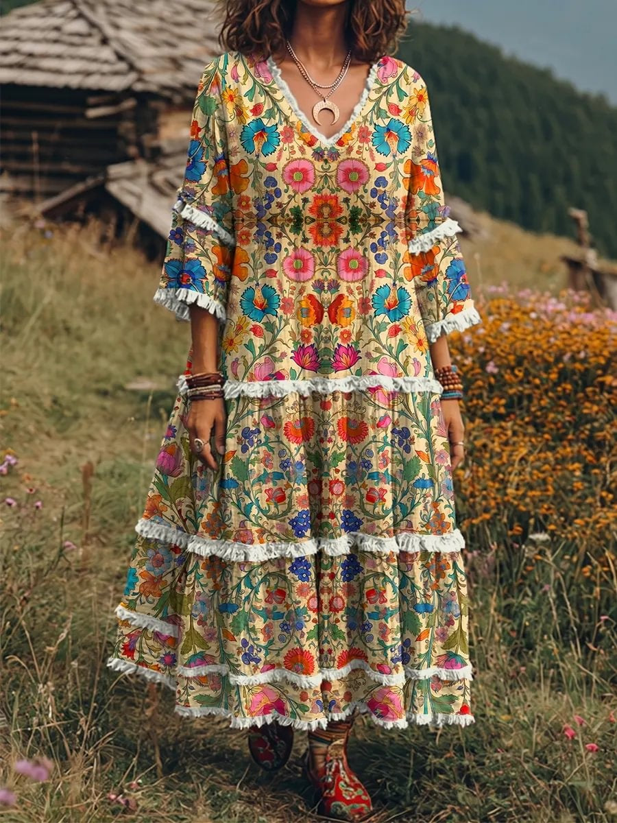 Ethnicity Flowers Geometry Women's Art Print Casual Patchwork V-collar Dress