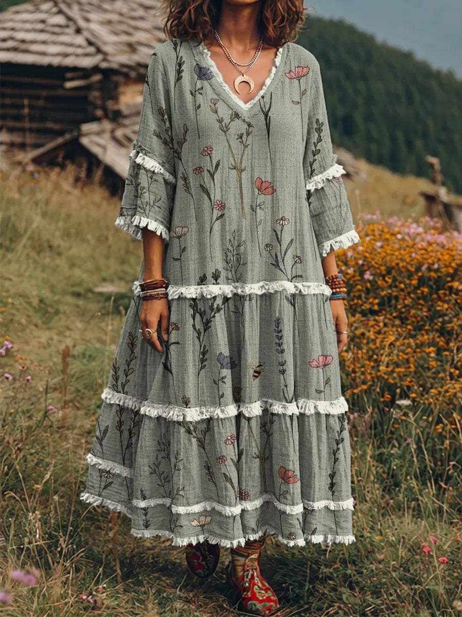 Ethnic Flowers Women's Art Print Casual Patchwork V-collar Dress