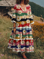 Ethnic Colorful Flowers Stripes Women's Art Print Casual Patchwork V-collar Dress