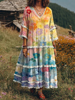 Ethnic Colorful Flowers Women's Art Print Casual Patchwork V-collar Dress