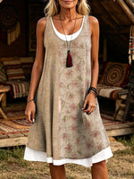 Women's Linen Style Subtle Floral Print Sleeveless Midi Dress