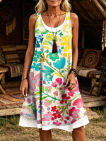 Women's Watercolor Hand-Painted Floral Print Sleeveless Midi Dress