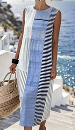 Women'S Round Neck Sleeveless Color-Block Printed Dress