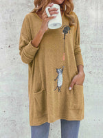 Cartoon Cat Print Pockets Long Sleeve Loose Blouse