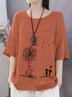 Women’s Casual Dandelion Print Round Neck Short Sleeve Blouse