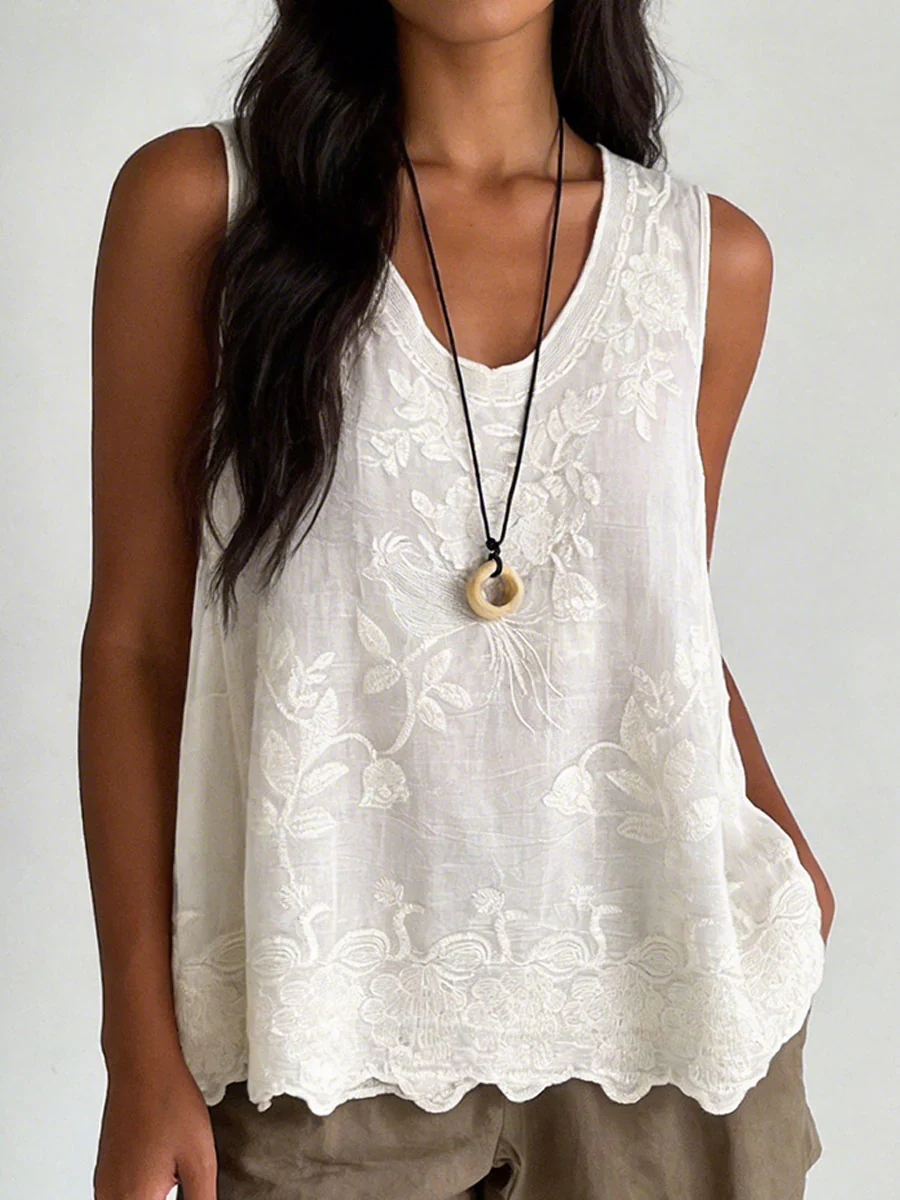 Women’s Solid Color Embroidered Sleeveless Loose Fit Round Neck Tank Top