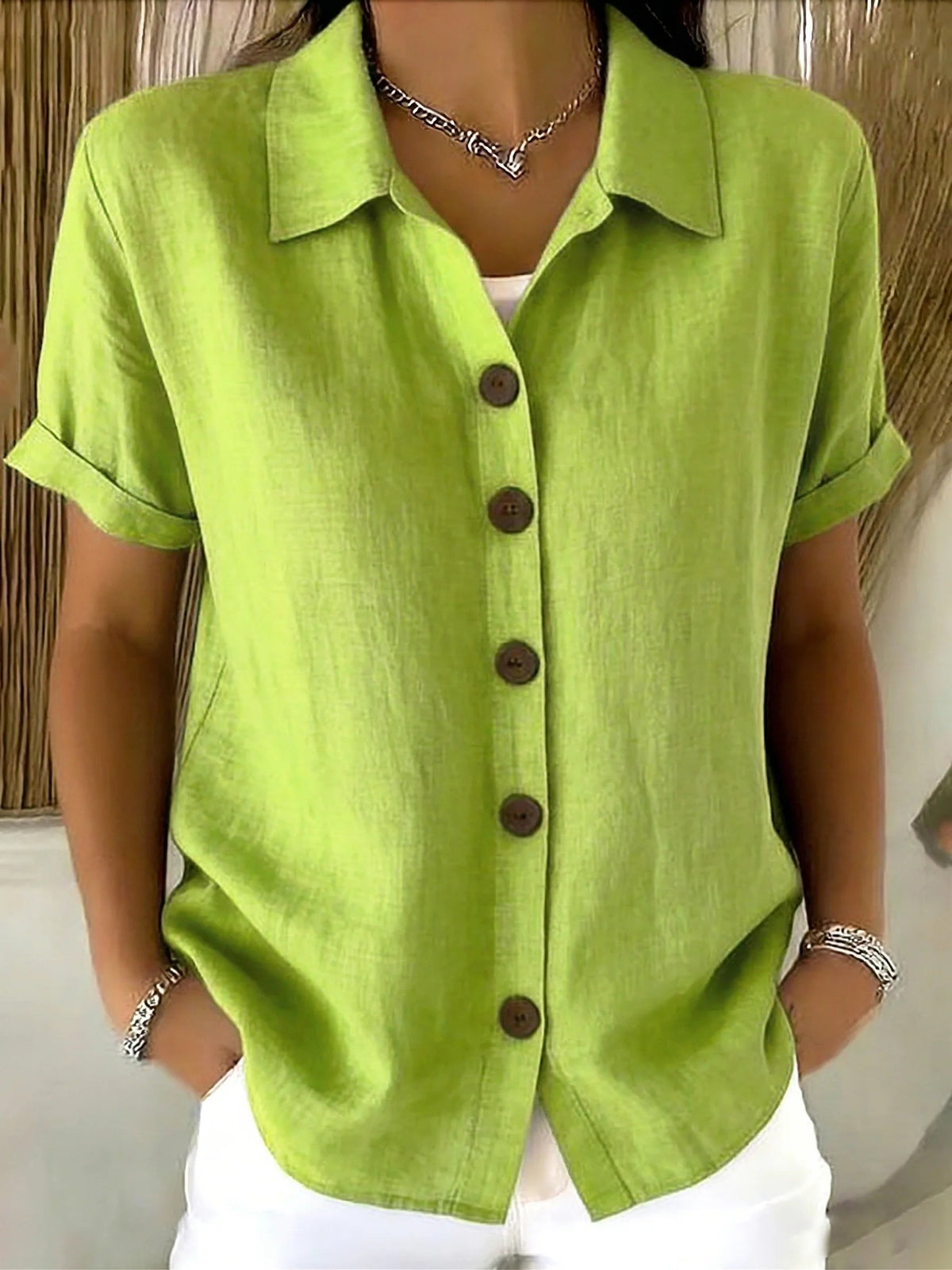 Basic Button Up Linen Cotton Short Sleeve Casual Shirt
