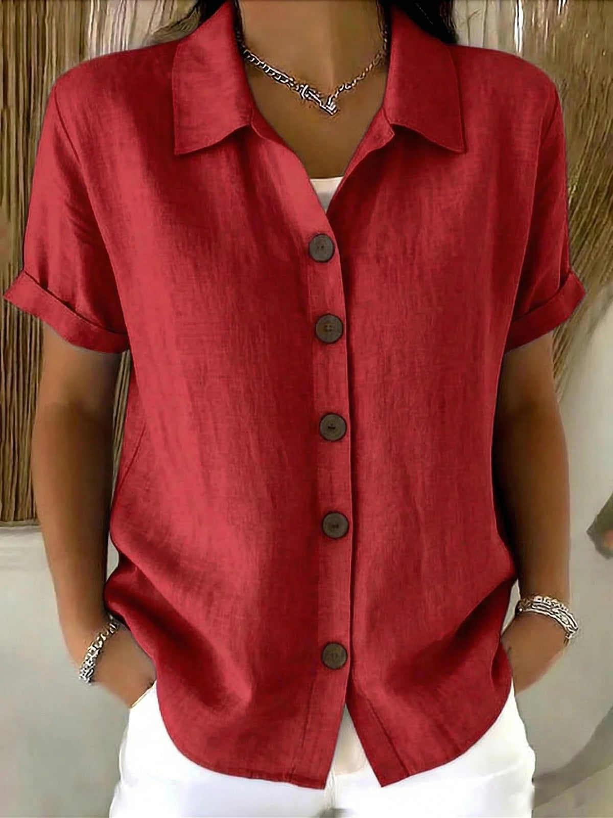 Basic Button Up Linen Cotton Short Sleeve Casual Shirt
