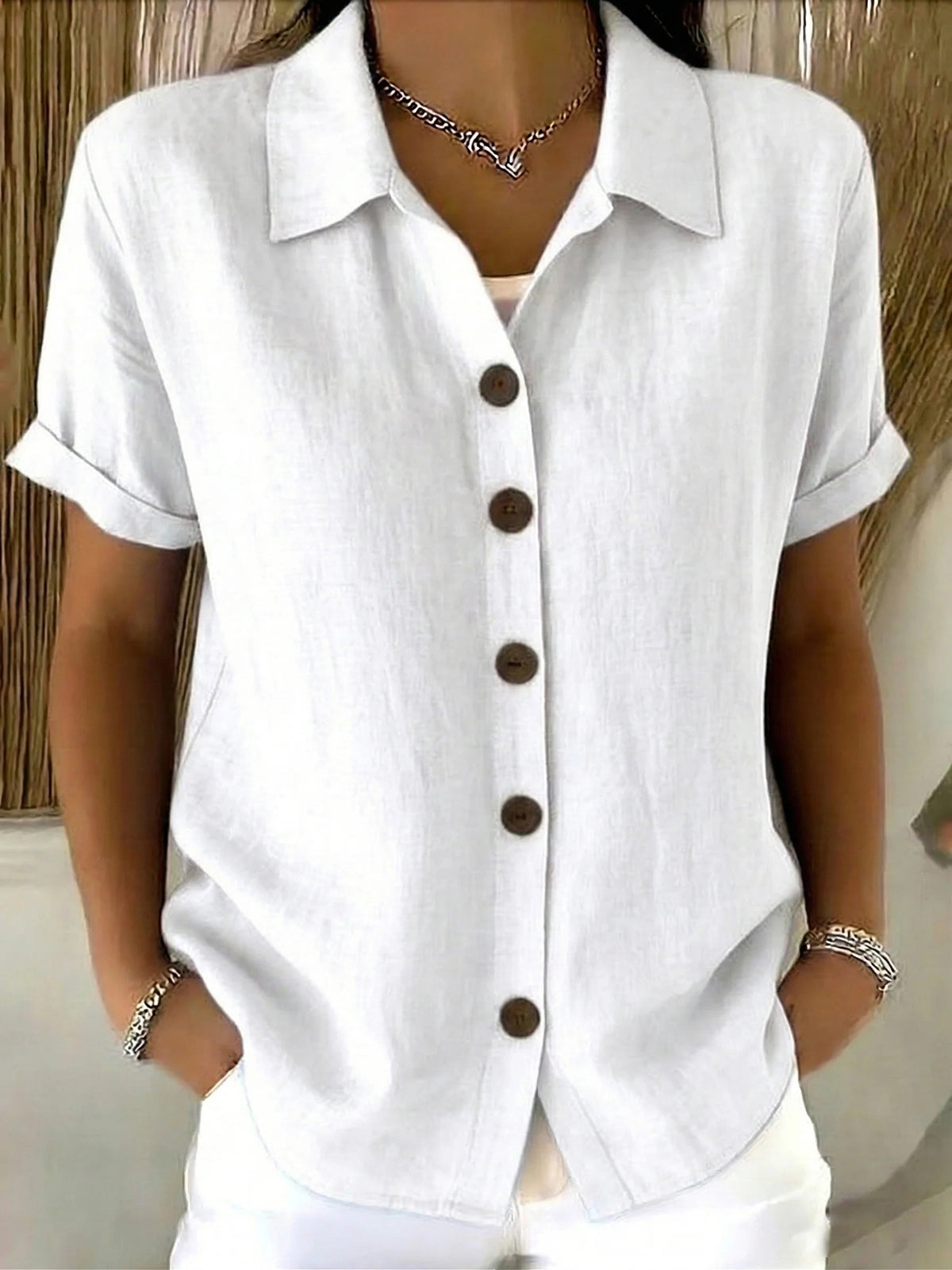 Basic Button Up Linen Cotton Short Sleeve Casual Shirt