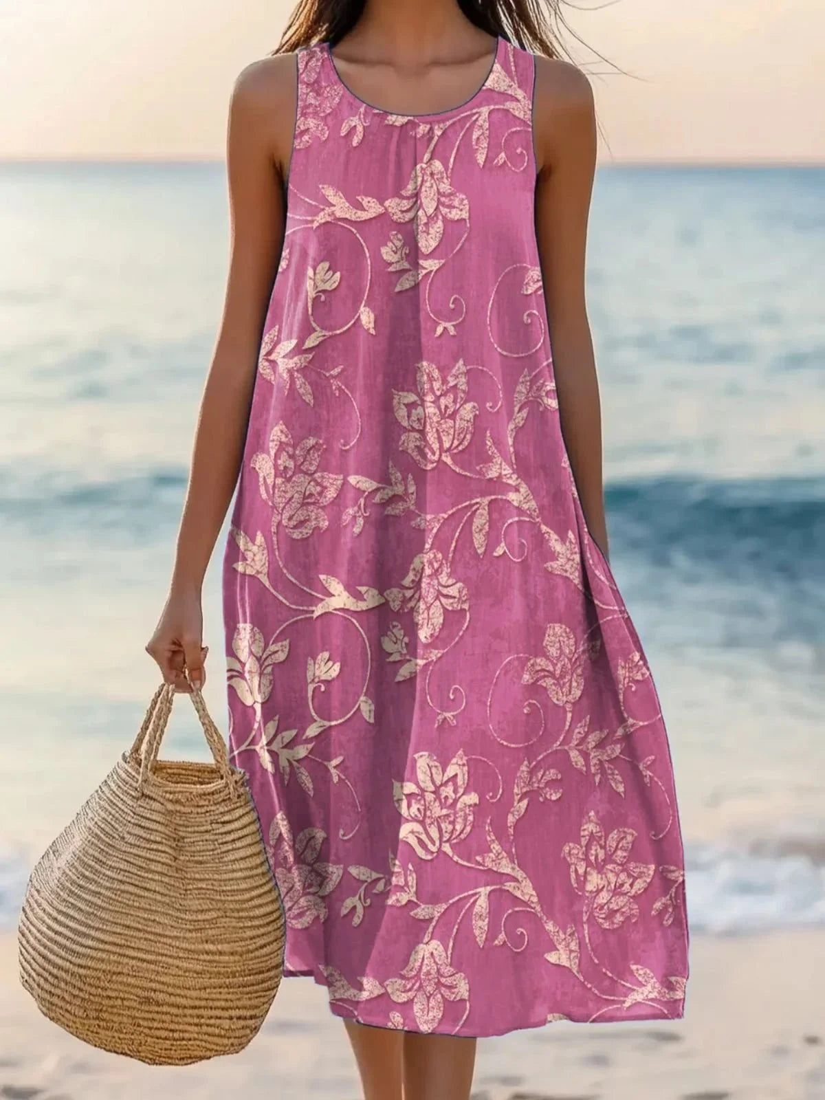 Plant Leaf Print Sleeveless Crew Neck A-Line Midi Dress