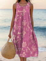 Plant Leaf Print Sleeveless Crew Neck A-Line Midi Dress