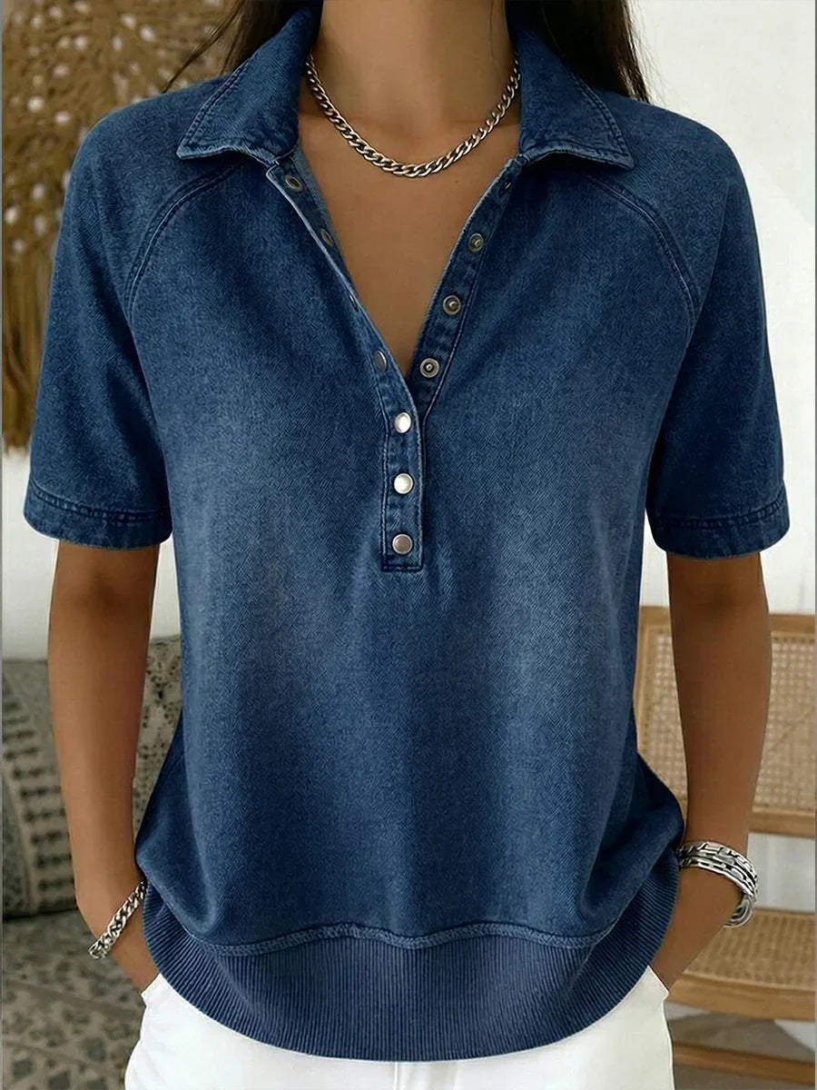 Short-sleeved Polo Collar Denim Pullover Shirt