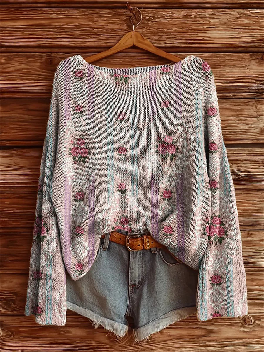 Women's Vintage Ethnic Floral Art Print Casual Pullover Sweater