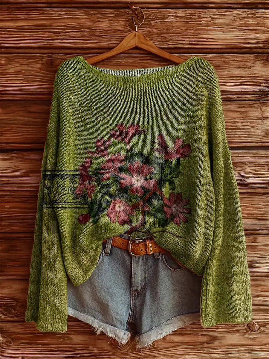 Women's Vintage Floral Art Pattern Print Casual Pullover Sweater