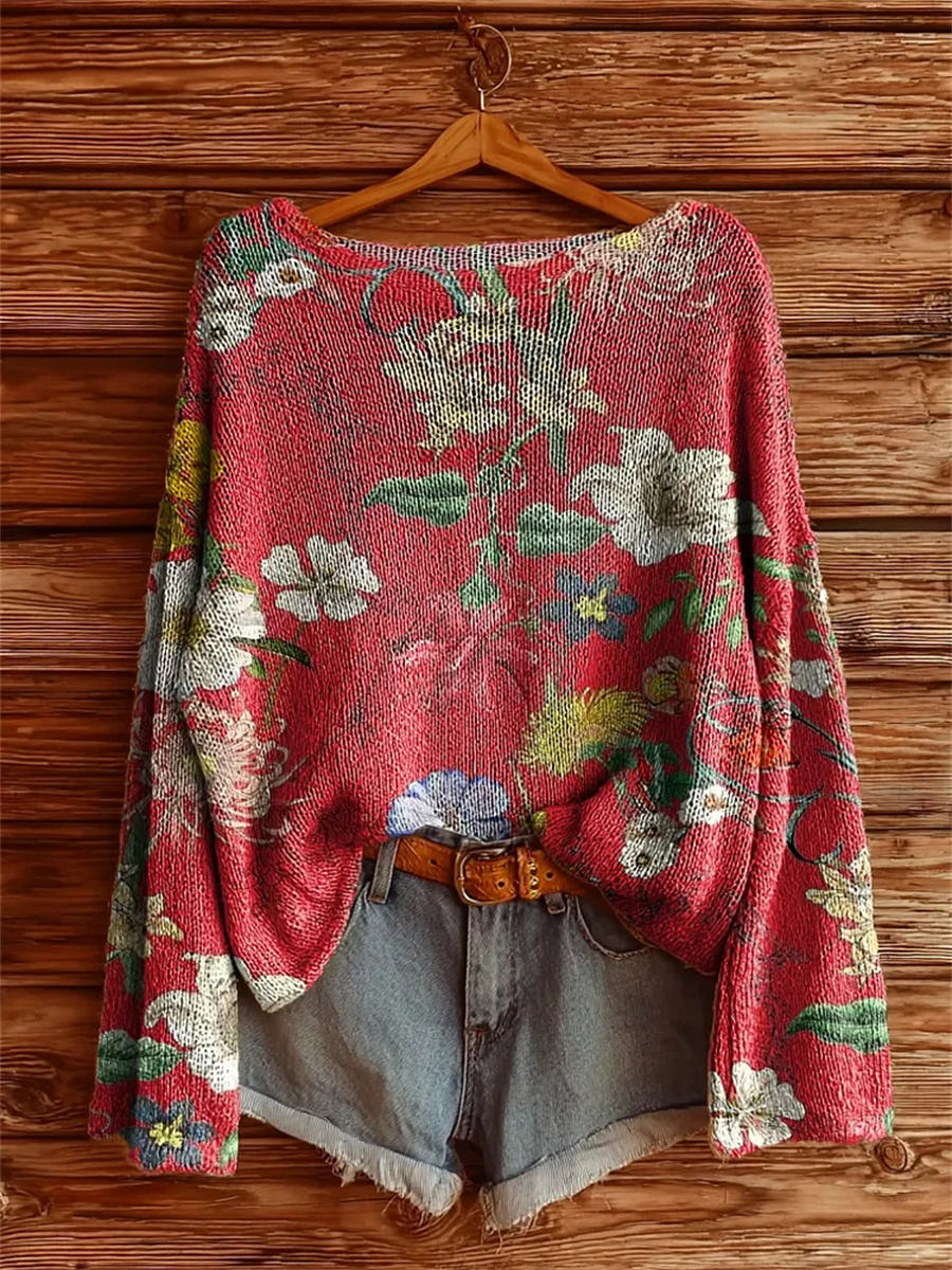 Women's Folk Flowers Art Pattern Print Casual Pullover Sweater
