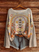 Women's Boho Vintage Floral Art Pattern Print Casual Pullover Sweater